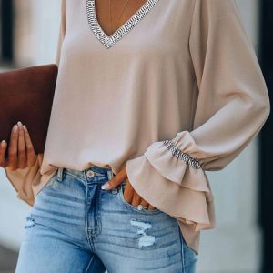 V Neck Ruffled Sleeves Elegant Top, Blouses, color:Khaki|size:XXL, Noracora