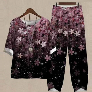 Casual Crew Neck Floral Two-Piece Set, Sets, color:Black|size:5XL, Noracora