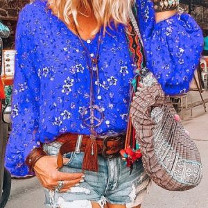 Balloon Sleeve Floral-Print Blouse, Shirts, color:Blue|size:3XL, Noracora