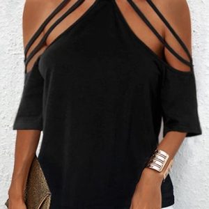 Off Shoulder Sleeve Plain Casual Cut-Outs Halter Shirt, Blouses, color:Black|size:3XL, Noracora
