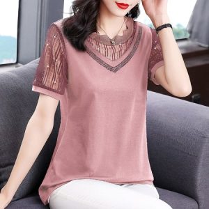 Casual Lace Collar Mesh Shirt, Blouses, color:Dusty Pink|size:5XL, Noracora