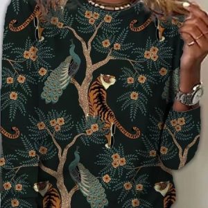Animal Print Crew Neck Casual Long Sleeve T-Shirt, T-shirts, color:Black|size:3XL, Noracora