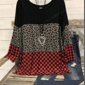 Vintage Cotton-Blend Crew Neck Leopard Tunic Blouse, Tops, color:Red|size:XXL, Noracora