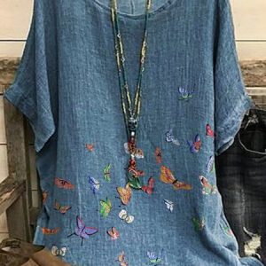 Printing Crew Neck Casual Shirt, Blouses, color:Blue|size:XXL, Noracora