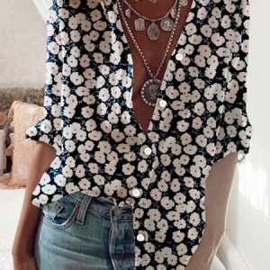 V neck Long Sleeve Floral Cotton Blouse, Shirts, color:Navy Blue|size:3XL, Noracora