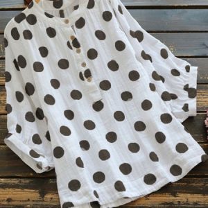 V Neck Polka Dots Cotton Casual Blouses, Blouses, color:White|size:XXL, Noracora