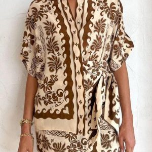 Boho Regular Fit Ethnic Lounge Set, Pajamas, color:Brown|size:XL, Noracora