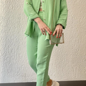 Shirt Collar Loose Casual Cotton-Blend Two-Piece Set, Sets, color:Green|size:XXL, Noracora
