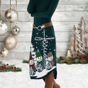 Loose Crew Neck Christmas Dress Belt not included, Midi, color:Green|size:XXL, Noracora