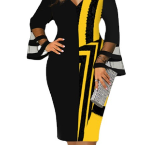 Plain Crew Neck Regular Fit Casual Dress, DRESSES, color:Yellow|size:4X, Noracora