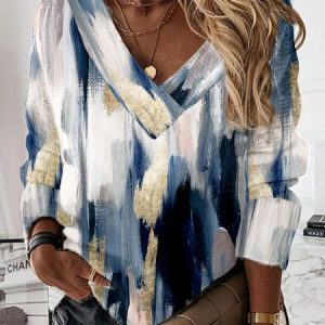 Loose V-neck Casual Abstract Printed Sweatshirt, Hoodies & Sweatshirts, color:Blue|size:XXL, Noracora