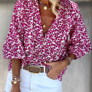 Women's Geometric Three Quarter Sleeve Shirt Spring/Fall V Neck Beach Sweet Top, JustFashionNow Blouses, color:Purplish Red|size:3XL,