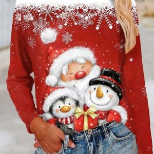 Christmas Red Printed Round Neck Loose Top, Blouses, color:Red|size:XXL, Noracora