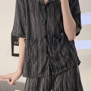 Shirt Collar Casual Loose Plain Pajama Set, Pajamas, color:Black|size:3XL, Noracora