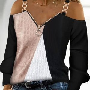 Casual V Neck Zipper Color Block Top, Tops, color:Multicolor|size:XXL, Noracora
