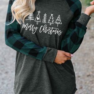 Christmas Loose Crew Neck Casual Plaid T-Shirt, T-shirts, color:Green|size:3XL, Noracora