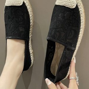Resort Braided Lace Bucket Shoes, Flats/Loafers, color:Black|size:40, Noracora