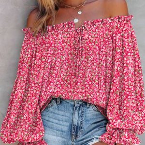 Floral Casual Cold Shoulder Shirt, Blouses, color:Red|size:XL, Noracora