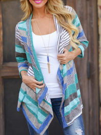 Wrap Loose Casual Color Block Kimono, Kimono, color:Blue|size:3XL, Noracora