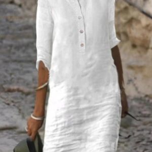 Loose Cotton Casual Buttoned Dress, Midi, color:White|size:3XL, Noracora