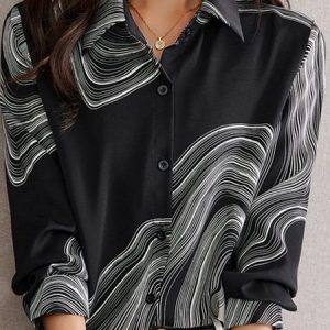 Shirt Collar Regular Fit Abstract Urban Blouse, Shirts, color:Black|size:XL, Noracora