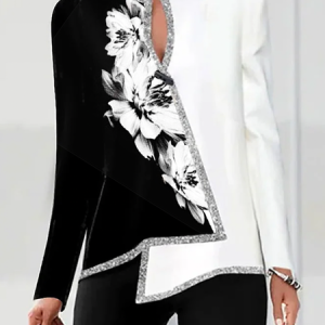Notched Floral Party Top tunic, Blouses, color:Black-white|size:XXL, Noracora