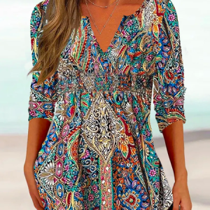 Ethnic Notched Casual Shirt, Blouses, color:Multicolor|size:XXL, Noracora