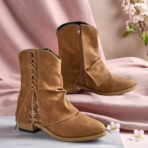 Women's Cross Lace Lace Panel Vintage Chunky Heel Chukkas Booties, Boots, color:Tan|size:42, Noracora