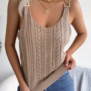 Yarn/Wool Yarn Casual Buckle Tank Top, Tanks & Camis, color:Khaki|size:L, Noracora