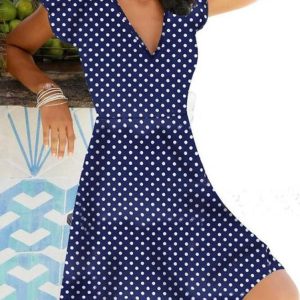 Casual Regular Fit Polka Dots Dress, Short, color:Blue|size:XXL, Noracora