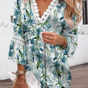 Casual V Neck Loose Tops, Blouses, color:Blue|size:XXL, Noracora