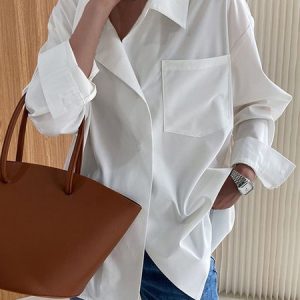 Casual Plain Blouse, Shirts, color:White|size:XXL, Noracora
