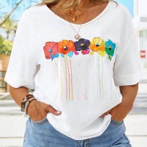 Plus Size Cotton Loose Floral V Neck Casual Shirt, TOPS, color:White|size:4X, Noracora
