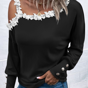 Party Lace Plain Lace Top, Tops, color:Black|size:XXL, Noracora