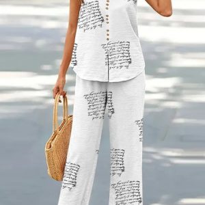 Casual Leaf Two-Piece Set, Sets, color:White|size:XXL, Noracora