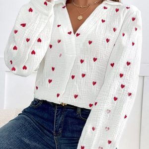 Loose Heart/Cordate Shirt Collar Casual Top, Blouses, color:White|size:XXL, Noracora