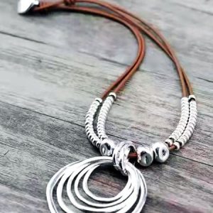 Vintage Western Geometric Pattern Beaded Leather Pendant Necklace Women Ethnic Sweater Chain, Necklace, color:Brown|size:One-size, Noracora