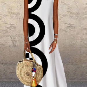 Loose Casual Color Block Crew Neck Maxi Dress, Maxi, color:White|size:3XL, catalog Noracora shop