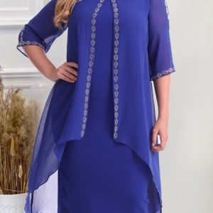 Casual Loose Plain Crew Neck Dress, DRESSES, color:Blue|size:4X, Noracora