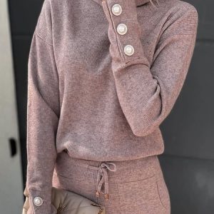 Plain Splicing Decorative Buckle Casual Turtleneck Top, Blouses, color:Dusty Pink|size:XXL, Noracora