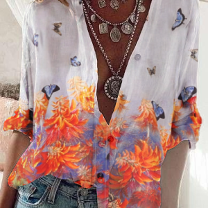 Butterfly Long Sleeve V Neck Blouse, Shirts, color:White|size:3XL, Noracora