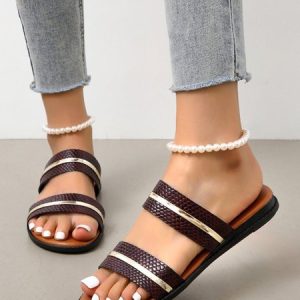Gold Stitching Stripe Casual Sandals, Sandals, color:Wine Red|size:41, Noracora