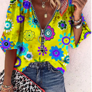 Hippie Floral Casual Top, Blouses, color:Yellow|size:3XL, Noracora