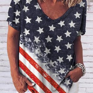Independence Day Flag Casual V Neck Shirt, Blouses, color:Color5|size:5XL, Noracora