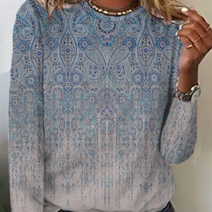 Printed Casual Long Sleeve T-Shirt, T-shirts, color:Blue|size:3XL, Noracora