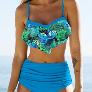 Vacation Leaf Print Bikini, Bikinis, color:Blue|size:XL, Noracora