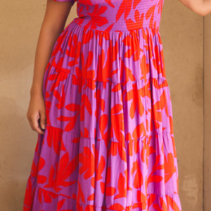Boho Regular Fit Crew Neck Floral Dress, Maxi, color:Purple|size:XL, Noracora