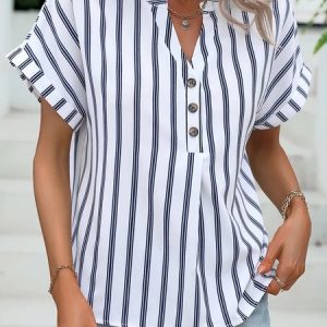 Striped Short Sleeve Buckle Notched Casual Tunic Shirt, Blouses, color:White|size:XXL, Noracora