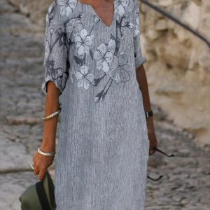 Casual Floral Notched Loose Dress, Short, color:Gray|size:XXL, Noracora