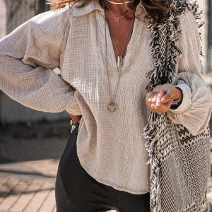 Long Sleeve Casual Tops, Blouses, color:Off White|size:3XL, Noracora